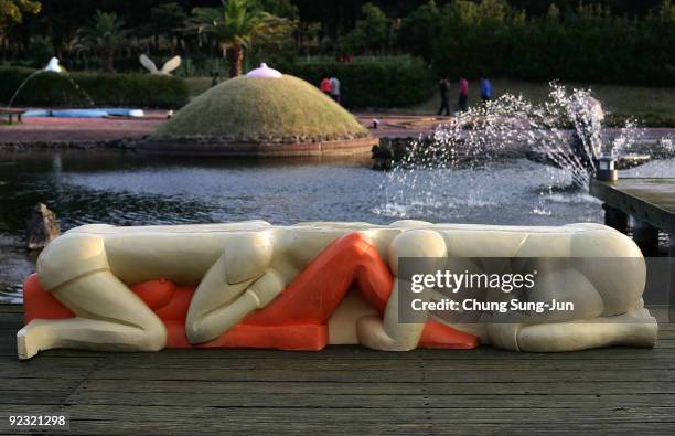 Statues is seen at the theme park 'Love Land' on October 24, 2009 in Jeju, South Korea. Love Land is an outdoor sex-themed sculpture park which...