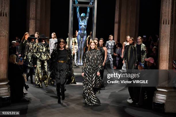 Kaia Gerber, Gigi Hadid and models walk the runway at the Alberta Ferretti Ready to Wear Fall/Winter 2018-2019 fashion show during Milan Fashion Week...