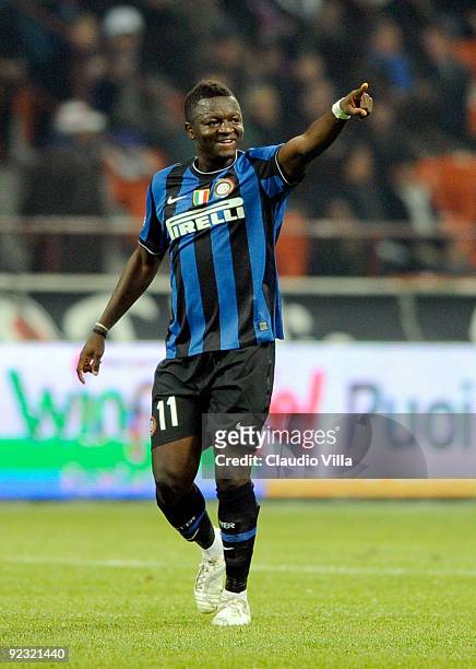 Sulley Muntari of FC Internazionale Milano celebrates after the first goal during the Serie A match between Inter Milan and Catania Calcio at Stadio...