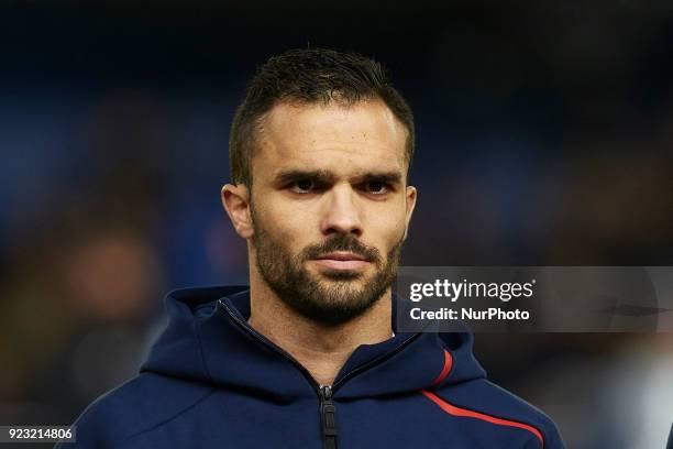 Jeremy Morel of Olympique Lyonnais looks on prior to the UEFA Europa League round of 32 second leg match between Villarreal CF and Olympique Lyonnais...