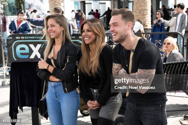 Maddy Burciaga, Sarah Martins and Steven Bachelard visit "Extra" at Universal Studios Hollywood on February 22, 2018 in Universal City, California.