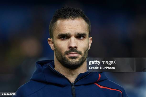 Jeremy Morel of Olympique Lyonnais looks on prior to the UEFA Europa League round of 32 second leg match between Villarreal CF and Olympique Lyonnais...