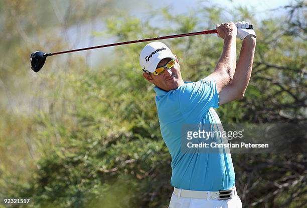 Greg Owen of England hits a tee shot on the second hole during the third round of the Frys.com Open at Grayhawk Golf Club on October 24, 2009 in...