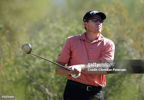 Nick O'Hern of Australia hits a tee shot on the second hole during the third round of the Frys.com Open at Grayhawk Golf Club on October 24, 2009 in...