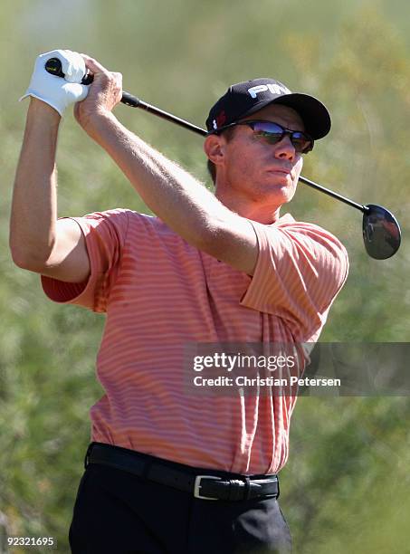 Nick O'Hern of Australia hits a tee shot on the second hole during the third round of the Frys.com Open at Grayhawk Golf Club on October 24, 2009 in...