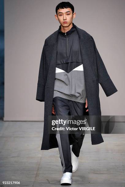 Model walks the runway at the Lucio Vanotti Ready to Wear Fall/Winter 2018-2019 fashion show during Milan Fashion Week Fall/Winter 2018/19 on...