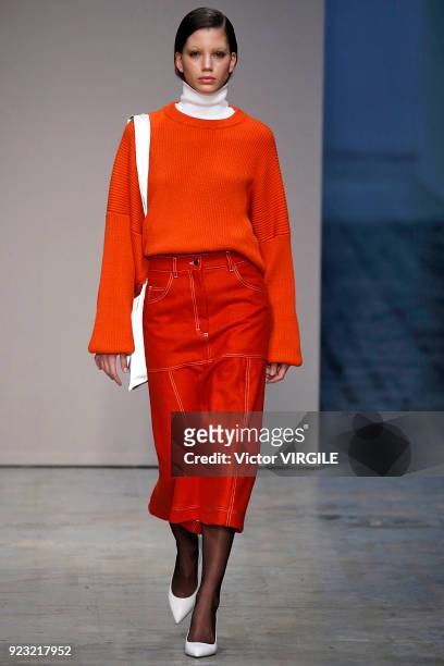 Model walks the runway at the Lucio Vanotti Ready to Wear Fall/Winter 2018-2019 fashion show during Milan Fashion Week Fall/Winter 2018/19 on...