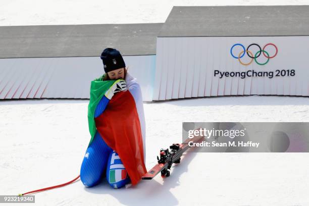 Gold medallist Sofia Goggia of Italy celebrates during the victory ceremony for the Ladies' Downhill on day 12 of the PyeongChang 2018 Winter Olympic...