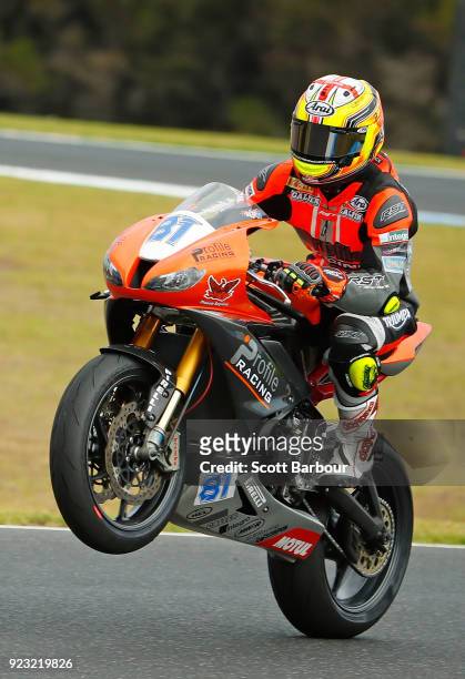 Luke Stapleford of Great Britain and Profile Racing celebrates after competing in the SuperSport FIM World Championship Free Practice session ahead...