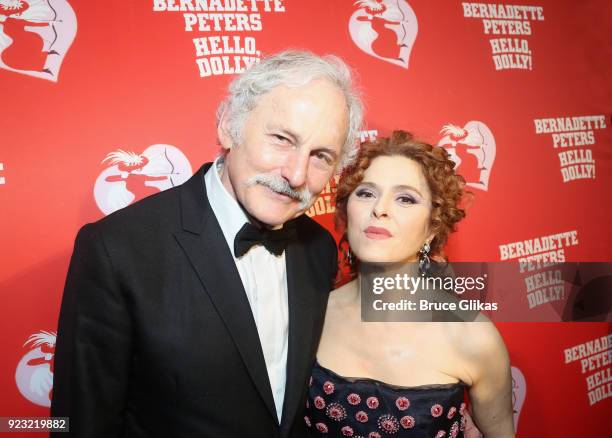 Co-stars Victor Garber and Bernadette Peters pose at Bernadette Peters Opening Night celebration for "Hello Dolly" on Broadway at Sardis on February...