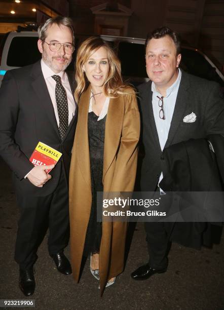 Matthew Broderick wife Sarah Jessica Parker and Brooks Ashmanskas pose at Bernadette Peters Opening Night celebration for "Hello Dolly" on Broadway...