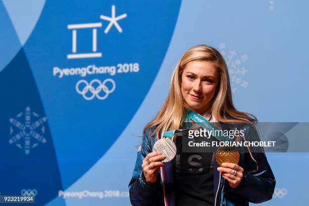 S silver and gold medallist Mikaela Shiffrin holds a press conference during the Pyeongchang 2018 Winter Olympic Games on February 23, 2018 in...