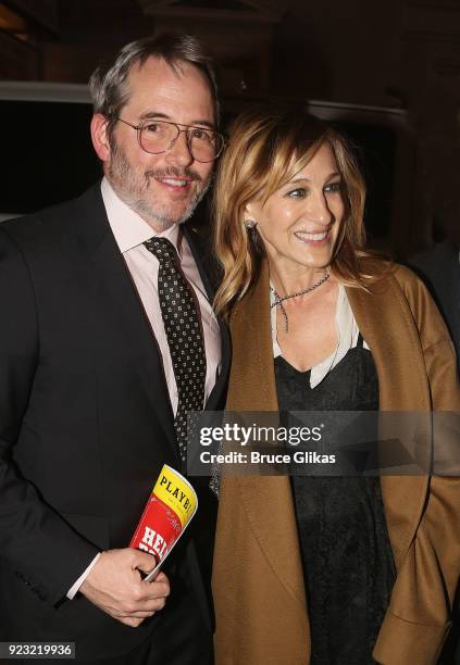 Matthew Broderick and wife Sarah Jessica Parker pose at Bernadette Peters Opening Night celebration for "Hello Dolly" on Broadway at Sardis on...