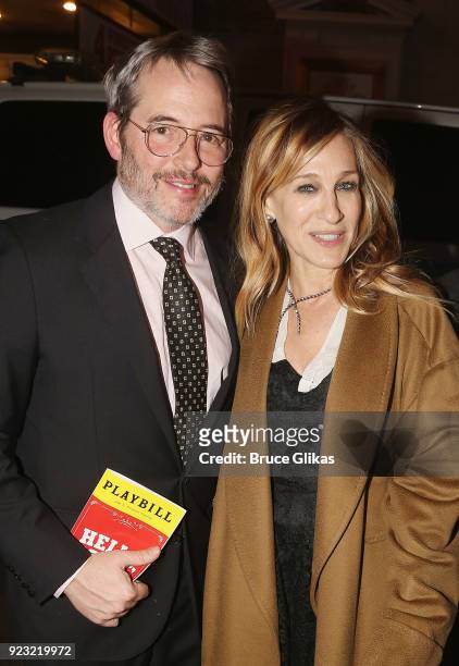 Matthew Broderick and wife Sarah Jessica Parker pose at Bernadette Peters Opening Night celebration for "Hello Dolly" on Broadway at Sardis on...