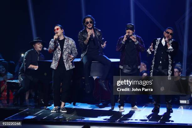 Piso 21 perform onstage at Univision's 30th Edition Of 'Premio Lo Nuestro A La Musica Latina' at American Airlines Arena on February 22, 2018 in...