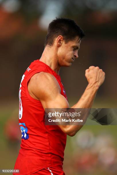Callum Sinclair of the Swans celebrates scoring a goal during the AFL Inter Club match between the Sydney Swans and the Greater Western Sydney Giants...