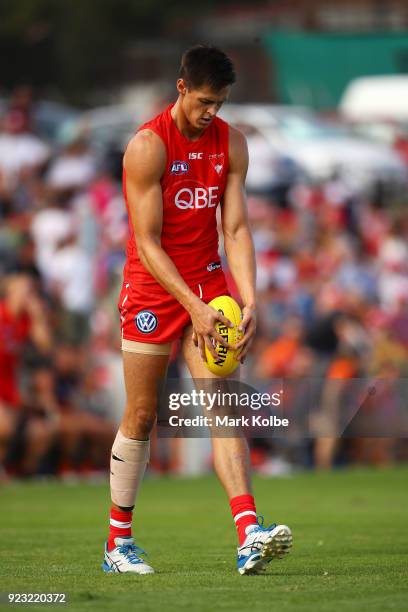 Callum Sinclair of the Swans lines up a kick at goal during the AFL Inter Club match between the Sydney Swans and the Greater Western Sydney Giants...