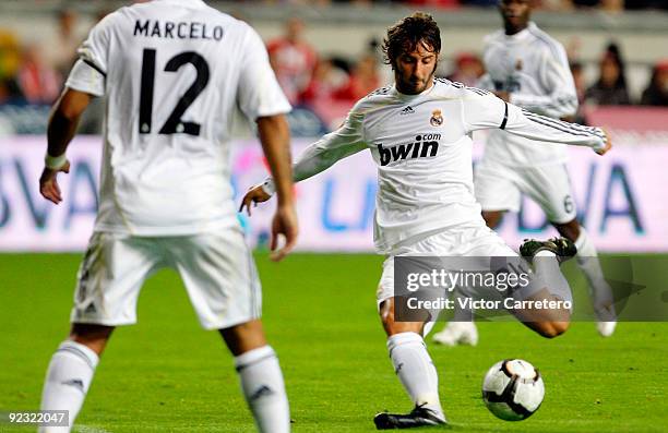 Esteban Granero of Real Madrid shoots on goal during the La Liga match between Sporting Gijon and Real Madrid at El Molinon Stadium on October 24,...