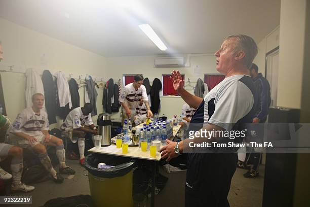 Chelmsford coach Glenn Pennyfather has a word with players at half time during the FA Cup 4th Qualifying round match between Chelmsford City and...