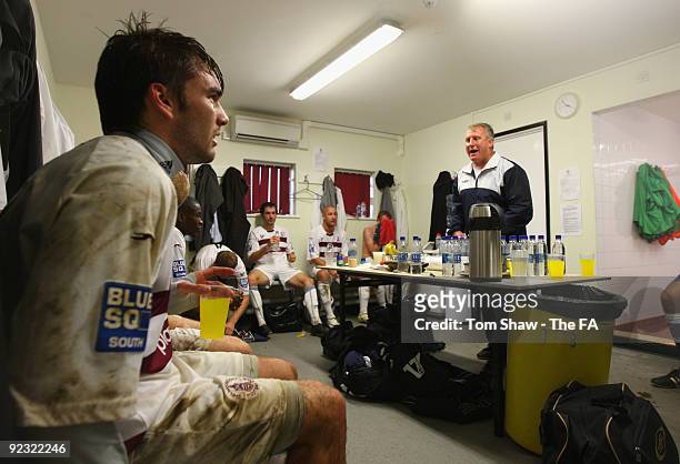 Chelmsford coach Glenn Pennyfather has a word with players at half time during the FA Cup 4th Qualifying round match between Chelmsford City and...