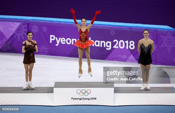 Silver medalist Evgenia Medvedeva of Olympic Athlete from Russia, gold medalist Alina Zagitova of Olympic Athlete from Russia, bronze medalist...