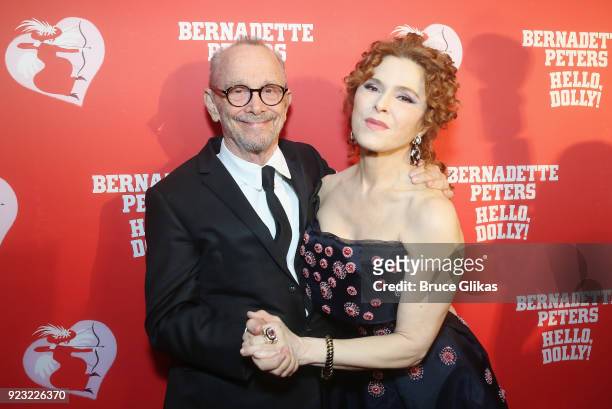 Joel Grey and Bernadette Peters pose at Bernadette Peters Opening Night celebration for "Hello Dolly" on Broadway at Sardis on February 22, 2018 in...