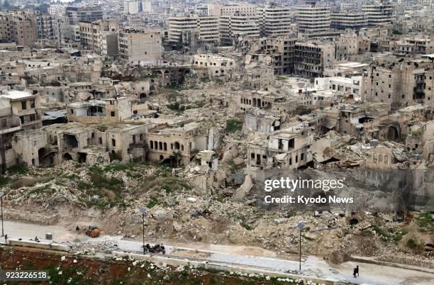 Photo taken on Feb. 21, 2018 from the Citadel of Aleppo, northern Syria, shows buildings devastated in the Syrian civil war, about a year after...