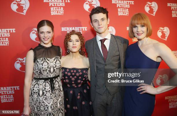 Molly Griggs, Bernadette Peters, Charlie Stemp and Kate Baldwin pose at Bernadette Peters Opening Night celebration for "Hello Dolly" on Broadway at...