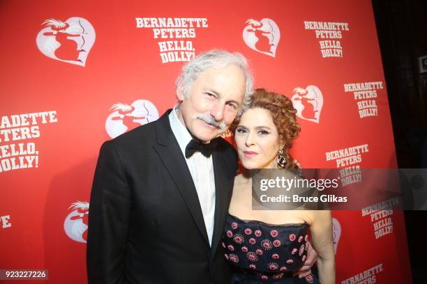 Co-stars Victor Garber and Bernadette Peters pose at Bernadette Peters Opening Night celebration for "Hello Dolly" on Broadway at Sardis on February...
