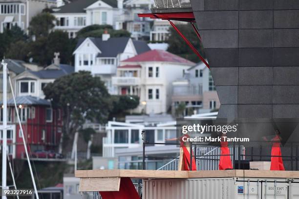 Performers on stage in front of Te Papa during NZ Festival Opening Night - A Waka Odyssey on February 23, 2018 in Wellington, New Zealand.