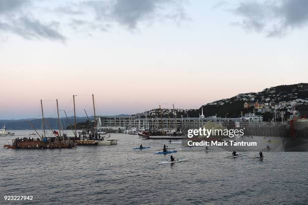 Waka assembled during NZ Festival Opening Night - A Waka Odyssey on February 23, 2018 in Wellington, New Zealand.