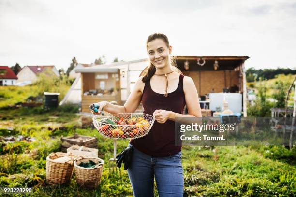 Portrait Of Farmer Smiling Holding Basket Of Tomatoes