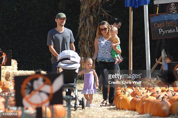 Actor Tobey Maguire, actress Jennifer Meyer and their children Ruby Sweeheart and Otis Tobias are seen at the Pumpkin Patch on October 24, 2009 in...
