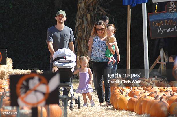 Actor Tobey Maguire, actress Jennifer Meyer and their children Ruby Sweeheart and Otis Tobias are seen at the Pumpkin Patch on October 24, 2009 in...