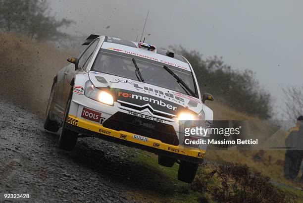 Petter Solberg of Norway and Phil Mills of Great Britain compete in their Citroen C 4 during Leg 2 of the WRC Wales Rally GB on on October 24 2009 in...