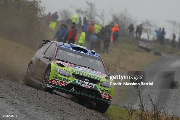 Jari Matti Latvala of Finland and Mikka Anttila of Finland compete in their BP Abu Dhabi Ford Focus during Leg 2 of the WRC Wales Rally GB on on...