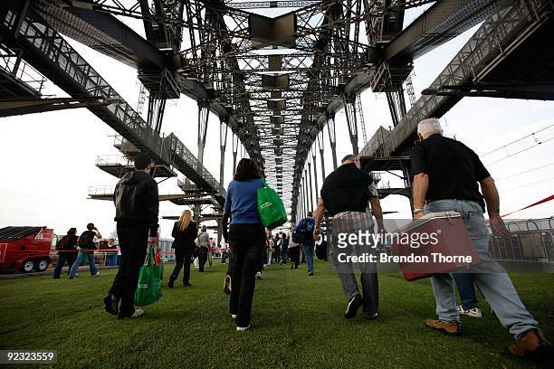 Families walk on the Bridge during a picnic breakfast on the Sydney Harbour Bridge on October 25, 2009 in Sydney, Australia. For the first time in...