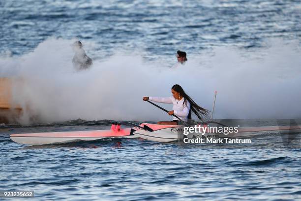 Performer paddles an outrigger canoe during NZ Festival Opening Night - A Waka Odyssey on February 23, 2018 in Wellington, New Zealand.