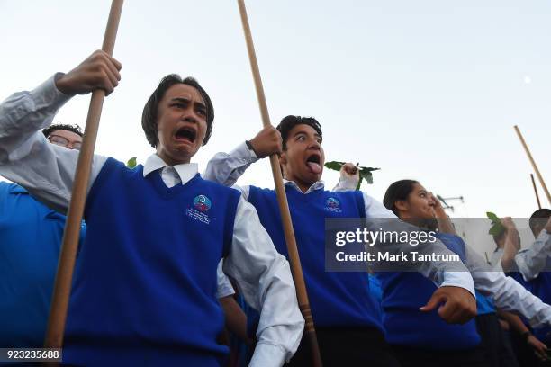 Kapa Haka group performs during NZ Festival Opening Night - A Waka Odyssey on February 23, 2018 in Wellington, New Zealand.