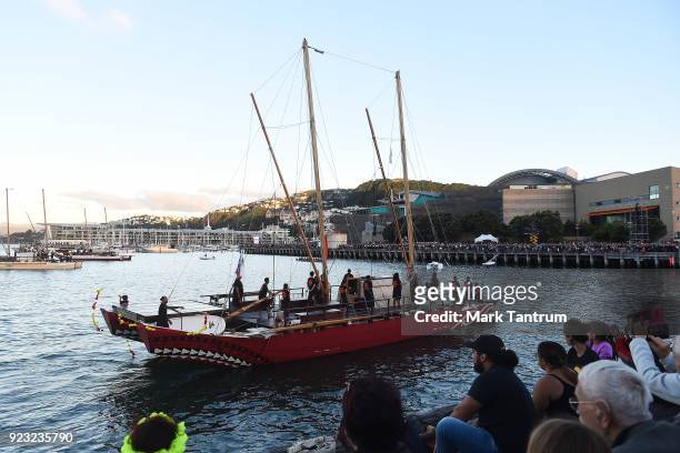 Waka parades during NZ Festival Opening Night - A Waka Odyssey on February 23, 2018 in Wellington, New Zealand.
