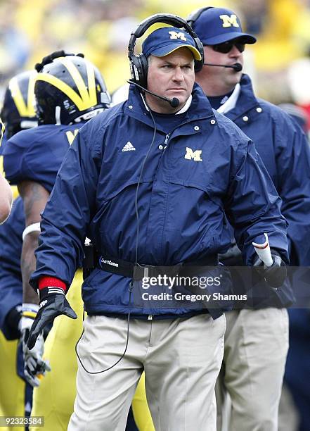 Head Coach Rich Rodriguez of the Michigan Wolverines looks on while playing the Penn State Nittany Lions on October 24, 2009 at Michigan Stadium in...