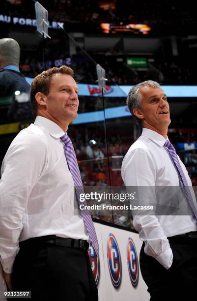 Montreal Canadiens Assistant Coach Kirk Muller and Perry Pearn during the NHL game against the New York Rangers on October 24, 2009 at the Bell...