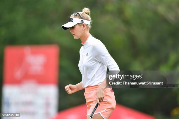 Jessica Korda of United States celebrates after finish 1st hole during the Honda LPGA Thailand at Siam Country Club on February 23, 2018 in Chonburi,...