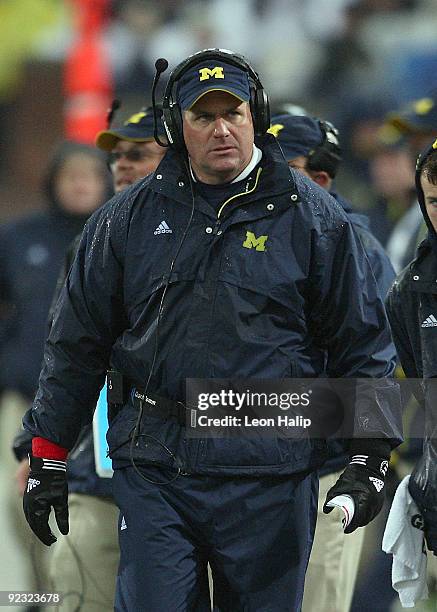 Head coach Rich Rodriguez of the University of Michigan reacts after a late fourth quarter penalty at Michigan Stadium on October 24, 2009 in Ann...