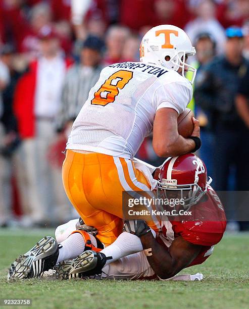 Javier Arenas of the Alabama Crimson Tide sacks quarterback Jonathan Crompton of the Tennessee Volunteers at Bryant-Denny Stadium on October 24, 2009...