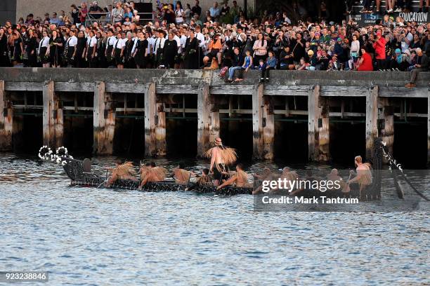 Canoe passes in front of Te Papa during NZ Festival Opening Night - A Waka Odyssey on February 23, 2018 in Wellington, New Zealand.