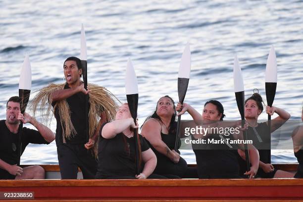 Performers pose during NZ Festival Opening Night - A Waka Odyssey on February 23, 2018 in Wellington, New Zealand.