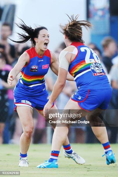 Brooke Lochland of the Bulldogs celebrates a goal with Boonie Toogood during the round four AFLW match between the Western Bulldogs and the Carlton...