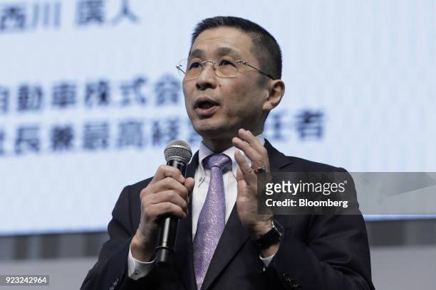 Hiroto Saikawa, president and chief executive officer of Nissan Motor Co., speaks during a news conference for the "Easy Ride" robot taxi service,...