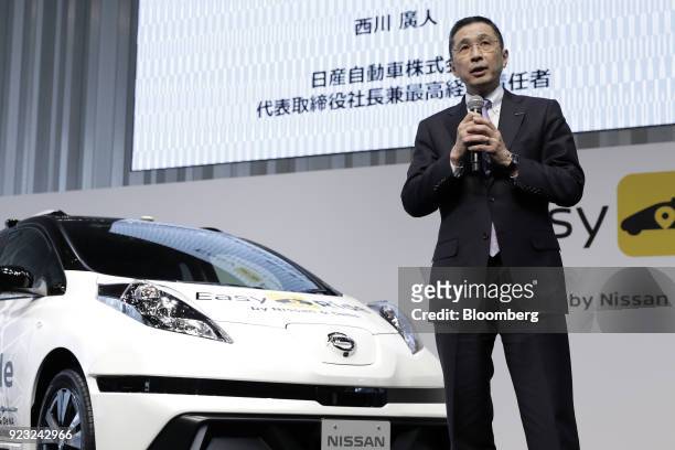 Hiroto Saikawa, president and chief executive officer of Nissan Motor Co., speaks during a news conference for the "Easy Ride" robot taxi service,...